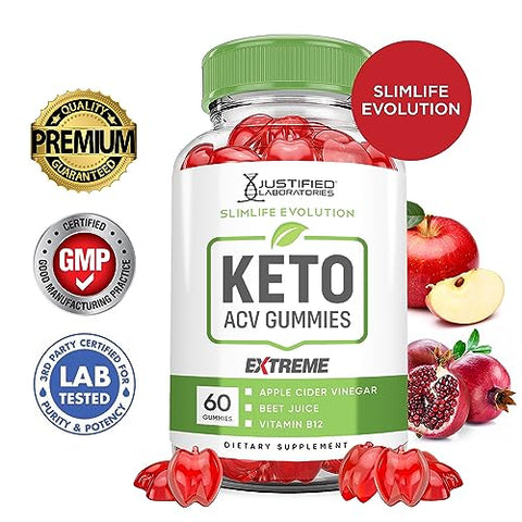 Justified Laboratories - Slimlife Evolution Keto ACV Gummies Extreme 2000MG – Gomas Slim Life Evolution Keto – Gomas Slimlife Keto de Vinagre de Maçã formuladas com Pó de Romã e Beterraba, Vitamina B12 60g
