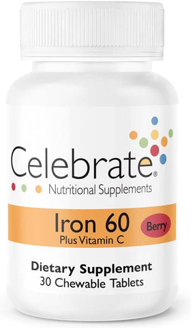 Celebrate Bariatric Supplements - Celebrate Vitamins Iron com Vitamina C Mastigáveis, 60 mg Ferro, Sabor de Frutas Vermelhas, Vitaminas Bariátricas para Pacientes de Cirurgia de Redução de Estômago, Contém 30 Unidades, 1g