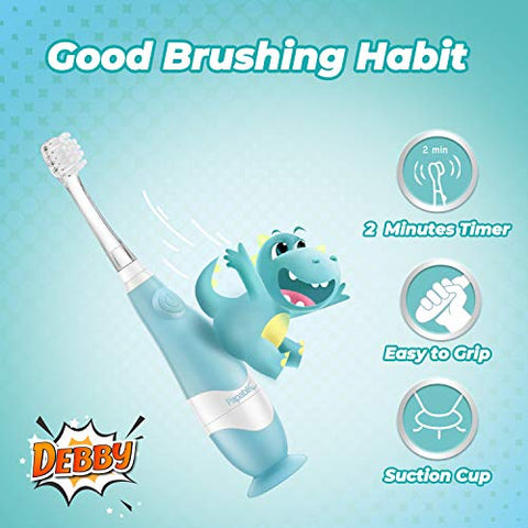 Escova de Dentes Elétrica Sonic para Crianças de 1-3 Anos, com Capa de Dinossauro Fofa e Temporizador Inteligente de LED, 4 Cabeças de Escova (Debby) - Papablic