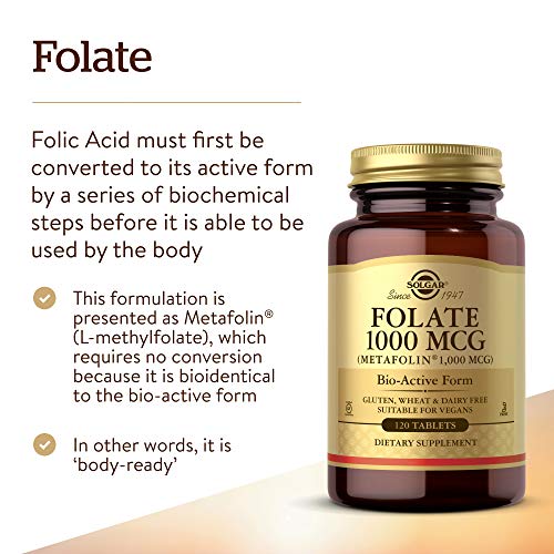 SOLGAR - Solgar Folate 1000 mcg – 120 Comprimidos | Metafolin Bio-ativo – Saúde do Coração – Vegano, Sem Glúten, Sem Lactose, Kosher – 120 Porções