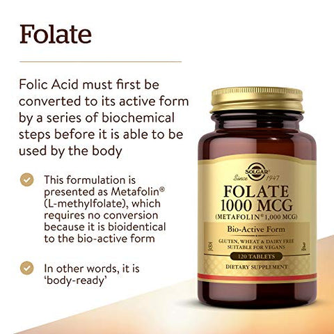 SOLGAR - Solgar Folate 1000 mcg – 120 Comprimidos | Metafolin Bio-ativo – Saúde do Coração – Vegano, Sem Glúten, Sem Lactose, Kosher – 120 Porções