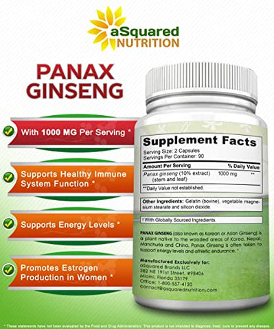 Ginseng Coreano Vermelho Panax (1000mg Máxima Potência) 180 Cápsulas Extrato de Raiz Complexo, Suplemento em Pó Asiático, Alta Dosagem de Ginsenosídeos em Sementes, Comprimidos de - aSquared Nutrition
