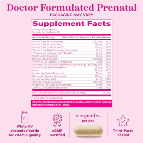 Total Vitaminas Pré-Natais com DHA, Ácido Fólico e Ferro – Suprimento de 3 Meses para Apoiar o Desenvolvimento Fetal – Essenciais na Gravidez – 180 Cápsulas - Pink Stork