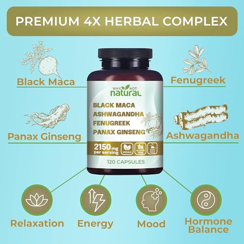 Cápsulas Orgânicas de Raiz de Maca Preta, Ashwagandha, Feno-grego e Ginseng Panax 4 em 1 para Homens e Mulheres (120 Unidades) - Why Not Natural