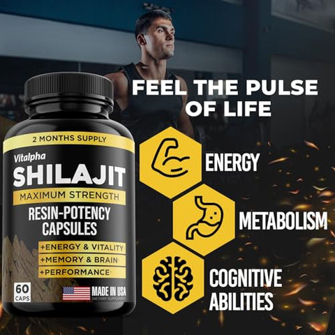 VITALPHA - Shilajit Resina Natural – Cápsulas Potentes (50% Ácido Fúlvico) – Shilajit Puro do Himalaia Orgânico Feito nos EUA – 85 Minerais Traços Shilajit para Homens – Suplemento Puro de Shilajit – 60