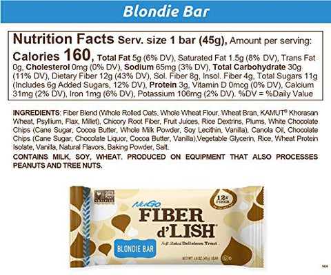 Fiber d’Lish Blondie – Barra de Alta Fibra 12g, 160 Calorias, 16 Unidades - NuGo