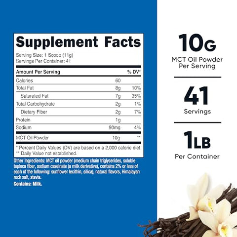 MCT Oil Powder Premium (454g, Baunilha) – Melhor para Keto, Cetose e Dietas Cetogênicas – Zero Carboidratos Líquidos, Não-OGM e Sem Glúten, Triglicerídeo de Cadeia Média - Nutricost