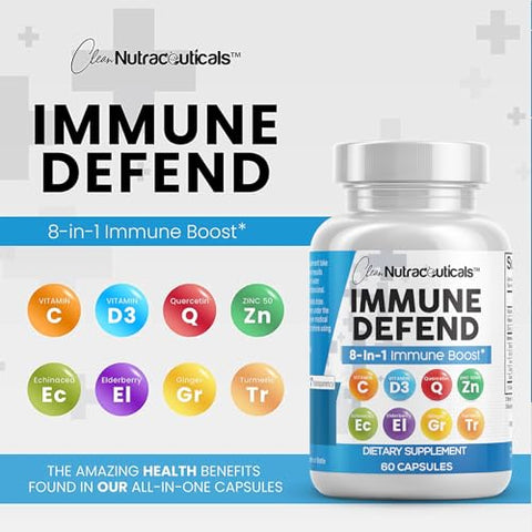 Clean Nutraceuticals - Suplemento 8 em 1 para Suporte à Defesa Imunológica c/ Zinco 50mg Quercetina, Vit C 1000mg, Vitamina D3 5000 UI, Sabugueiro, Cúrcuma Curcumina, Gengibre, Equinácea – Impulsionador do Sistema Imunológico