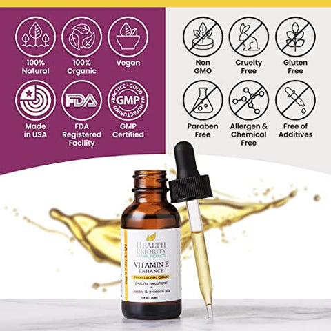 Health Priority Natural Products - Óleo de Vitamina E Orgânico Health Priority para a Pele – 100% Natural e Hidratante | 30ml