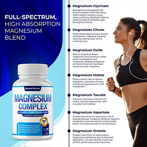 DECENT NATURE - Magnésio Complexo 7 Suplemento de Magnésio Elemental 1000mg – Glicinato, Citrato, Malato, Taurato, Óxido, Aspartato, Orotato Não-OGM 90 Cápsulas