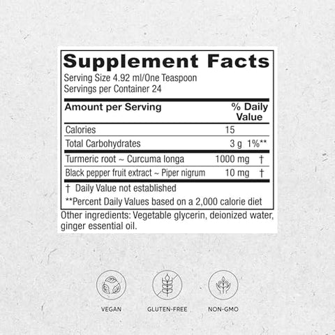 Tônico de Cúrcuma Líquido 1000 mg, com Pimenta Preta e Gengibre, Antioxidante, Vegano, Sem Glúten, 120 ml - Vitanica