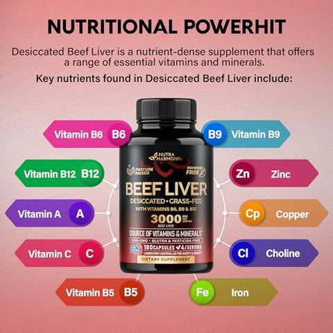 NUTRAHARMONY - Cápsulas de Fígado Bovino 3000 mg – Fígado Bovino Desidratado Orgânico – Criado a Pasto, Livre de Pesticidas