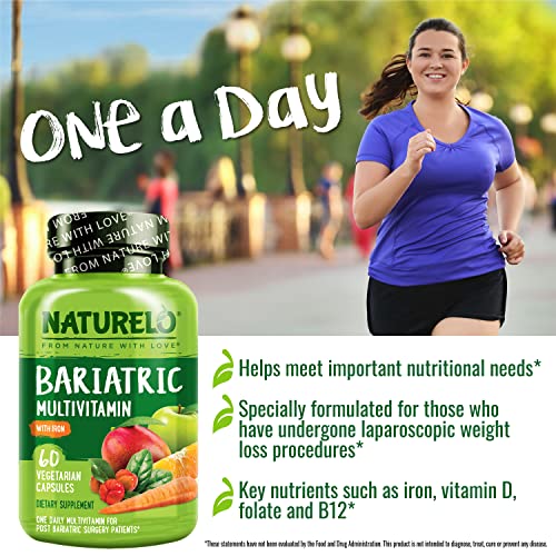 Bariatric Multivitamínico – Um Diário com Ferro – Suplemento para Pacientes de Cirurgia de Bypass Gástrico – Nutrição Natural de Alimentos Integrais – 60 Cápsulas Vegetais - NATURELO