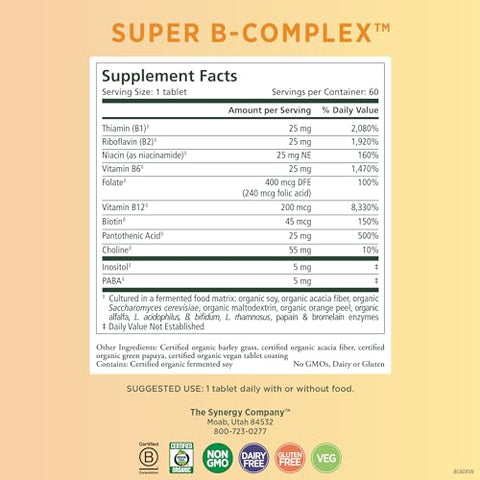 Super B-Complex | Complexo de Vitamina B Feito com Alimentos Orgânicos Integrais | Suplemento Vegano com Vitamina B12, Niacina e Ácido Fólico | para Energia, Concentração e Humor - PURE SYNERGY