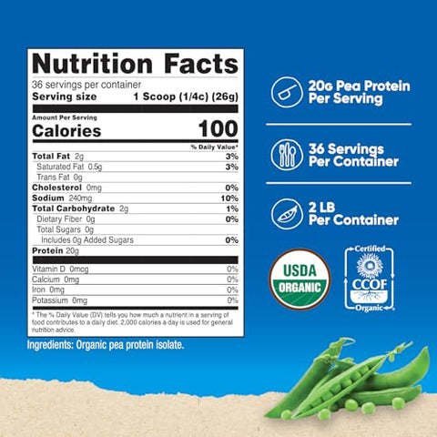 Proteína Isolada de Ervilha Orgânica em Pó (907g) – Sem Sabor, Certificado Orgânico USDA, Proteína Vegetal, Amigável para Vegetarianos, Livre de Glúten, Não-OGM - Nutricost