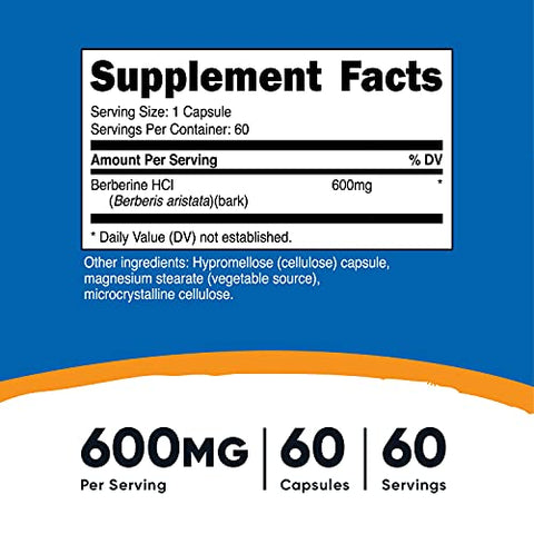 Berberine HCl 600mg – 60 Cápsulas (2 Frascos) – Livre de Glúten, Cápsulas Vegetarianas, Não-OGM - Nutricost