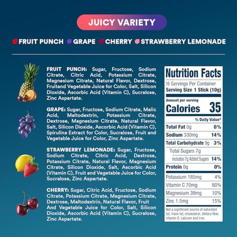 Hydration – Pack Variado de Hidratação Suculenta – Sachês de Pó para Bebida Eletrolítica – Uva, Ponche de Frutas, Limonada de Morango, Cereja – 16 Porções - DripDrop