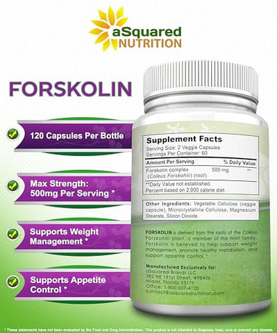 Forskolin 500mg Max Strength – 120 Cápsulas, Suplemento Natural para Perda de Peso Pura, Raiz de Coleus Forskohlii – Pílulas de Dieta Forskolin, Queimador de Gordura Pura para Barriga - aSquared Nutrition