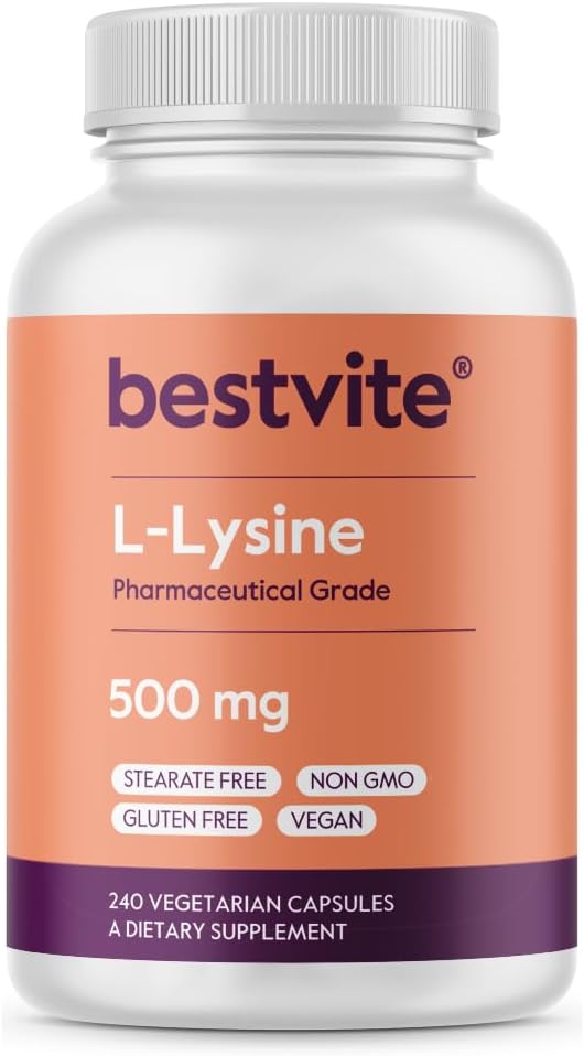 L-Lysine 500mg por Cápsula (240 Cápsulas Vegetarianas) – Sem Estearatos – Sem Preenchedores – Sem Agentes de Fluxo – Vegano – Não Transgênico – Livre de Glúten – Sem Ácido Esteárico – Sem Dicalcio - BESTVITE