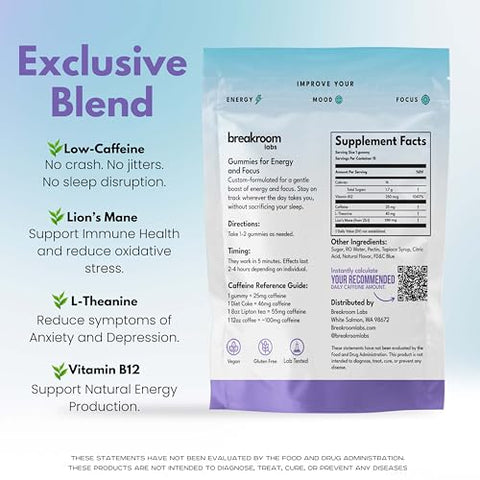 Breakroom Labs - Gummies Energéticos com Baixo Teor de Cafeína e Foco, Vitamina B12, Lion’s Mane, L-Theanine – Baixo Açúcar, Sem Carboidratos, Sem Glúten, Vegano – Energia Nootrópica em Mastigáveis – Sabor Blue Raspberry, 15g