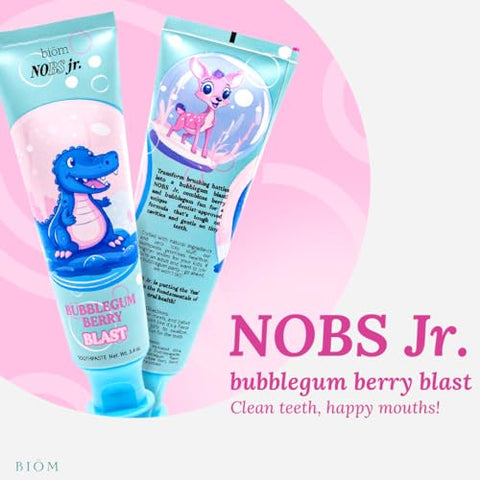 Biöm - NOBS Jr. Pasta de Dente Infantil com Nano Hidroxiapatita – Livre de Flúor, Livre de SLS, Remineralizante – Fórmula Odontológica – Bubblegum Berry – Fabricado nos EUA