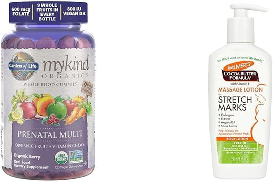 Organics Gomas Pré-Natais Multivitamínicas com Loção de Massagem de Manteiga de Cacau Palmer’s para Estrias na Gravidez, 250 ml - Garden of Life