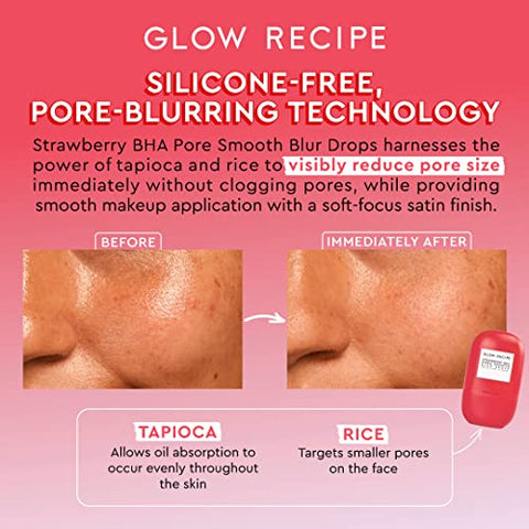 Strawberry BHA Pore-Smooth Blur Drops – Primer Facial Antioxidante – Redutor de Poros – Sem Silicone e Óleo – Soro Facial para Mulheres - Glow Recipe
