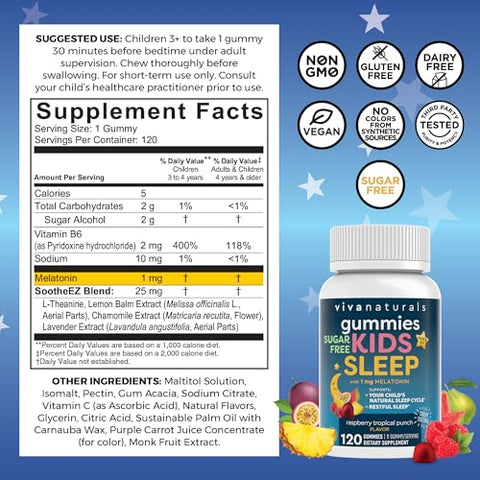 Viva Naturals - Gomas de Dormir para Crianças com Melatonina 1 mg – Veganas, Sem Glúten e Sem Açúcar – Suporte Calmante para o Sono em Goma Mastigável para Crianças a partir de 3 anos