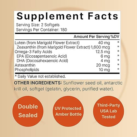 NatureBell - Luteína 40mg e Zeaxantina 1.600mcg por Porção, 360 Softgels | 4 em 1 com Ômega-3, Astaxantina