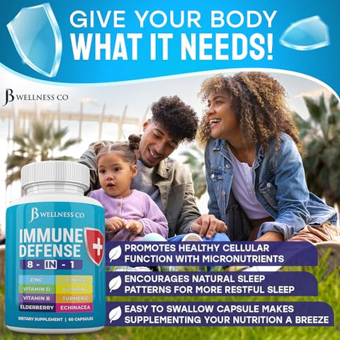 JB Wellness Co - Cápsulas 8 em 1 para Suporte Imunológico – Suplemento de Zinco, Vitamina D3 5000 UI, Vitamina C 1000MG e Sabugueiro – Reforço Imunológico com Equinácea, Gengibre e Cúrcuma – Marca: Immune Support