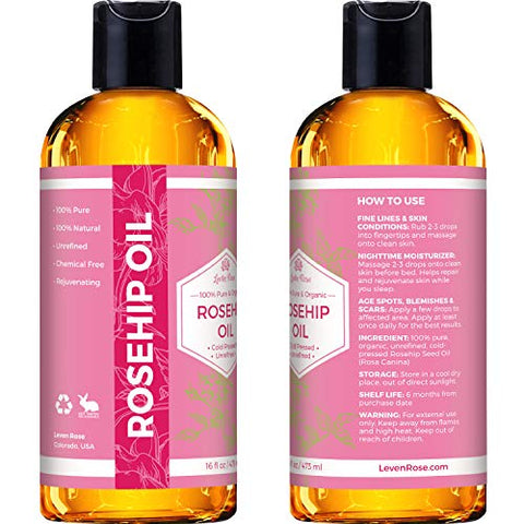 Óleo de Rosa Mosqueta Leven Rose 473 ml – Puro Óleo de Rosa Mosqueta para o Rosto – Óleo de Rosa Mosqueta prensado a frio e não refinado para o Corpo – Hidratante Noturno para Cabelo e Pele