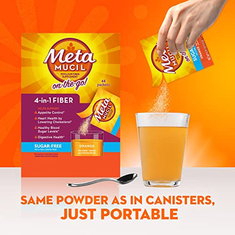 On-The-Go: Pó de Casca de Psyllium Diário, Sem Açúcar, 4-em-1 para Saúde Digestiva, Bebida com Sabor de Laranja, 44 Pacotes - Metamucil