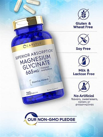 Magnesium Glycinate | 665 mg | 250 Cápsulas | Fórmula Livre de Transgênicos e Glúten | Suplemento Mineral Essencial Amortecido - Carlyle