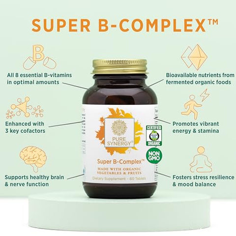 Super B-Complex | Complexo de Vitamina B Feito com Alimentos Orgânicos Integrais | Suplemento Vegano com Vitamina B12, Niacina e Ácido Fólico | para Energia, Concentração e Humor - PURE SYNERGY