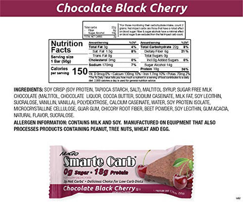 Smarte Carb Chocolate Black Cherry – 18g Proteína, 0g Açúcar, 2g Carboidratos Líquidos, 150 Calorias, 12 Unidades - NuGo