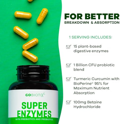 GOBIOTIX - Suplemento Super Enzimas – Enzimas Digestivas com Prebióticos e Probióticos para Homens e Mulheres – Suporte à Saúde Intestinal, Digestão de Glúten, Absorção de Lactose, Dieta à Base de Plantas