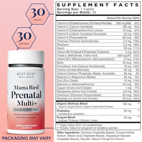 Best Nest Wellness - Melhor Nest Wellness Mama Bird Vitaminas Pré-Natais Sem Ferro, Sem Ferro ou Iodo, Metilfolato (Ácido Fólico para Mulheres Grávidas), Mistura Herbal Orgânica Natural, Vegano, Uma Vez ao Dia (30 Unidades)
