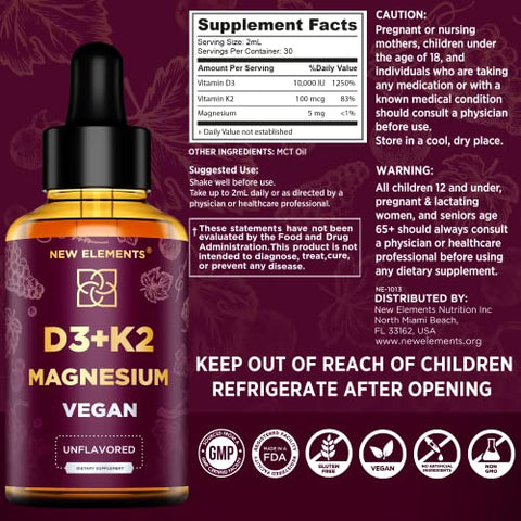 New Elements - VIT D3 K2 Líquido 10000UI com Magnésio Glicinato 5mg | Gotas de VIT D3 K2 para Adultos | Mk7 Vitamina K2 100mcg | Suplemento de Vitamina D3 K2 para Homens