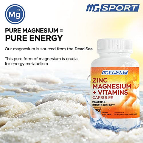 Suplemento de Magnésio e Zinco com Vitaminas B6 e B9, Alta Absorção para Suporte Imunológico, Recuperação Muscular, EZ-MG Fácil no Estômago, 120 Cápsulas - MgSport