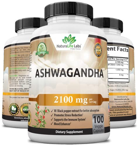 NaturaLife Labs A Higher Standard - Ashwagandha Orgânica 2.100 mg – 100 Cápsulas Veganas de Pó Puro de Ashwagandha Orgânica e Extrato de Raiz – Alívio do Estresse, Melhorador de Humor