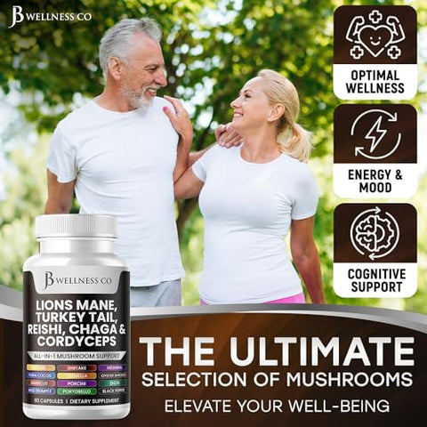 JB Wellness Co - Lions Mane 3000mg + Turkey Tail 2000mg + Reishi 1000mg + Cordyceps 1000mg + Chaga 1000mg + Marshmallow Root 180 Cápsulas | Suporte Cognitivo e Imunológico | Saúde com 20in1 Cogumelo | Marca em Destaque