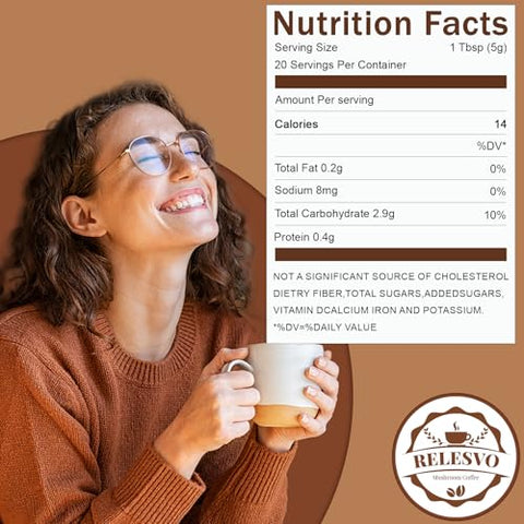 Relesvo - Café de Cogumelo Instantâneo em Pó (20 Porções) com Cordyceps, Reishi, Lion’s Mane, Shiitake, King Trumpet – Energia e Foco