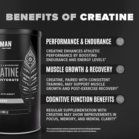 Creatina Monohidratada em Pó Micronizada, Recuperação Muscular, Pré-Treino sem Cafeína, Vegano, Pós-Treino, Sem Glúten, Sem Açúcar | 200 Porções (5g Cada) - BIRDMAN