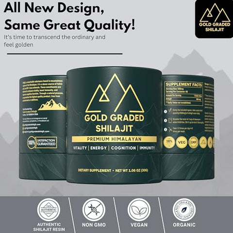 Gold Graded Shilajit - Shilajit Resina com Ácido Fúlvico | 500mg Alta Potência de Shilajit Puro do Himalaia Orgânico com 85 Minerais Traços para Energia