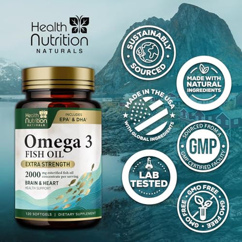 Health Nutrition Naturals - Óleo de Peixe Ômega 3 2000mg Triplo Forte Cápsulas de Liberação Rápida, Suplementos de Ômega-3, Saúde Natural do Cérebro, Coração e Articulações