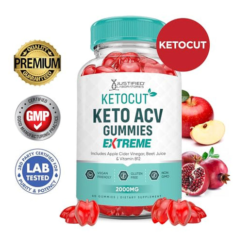 Justified Laboratories - (2 Pacotes) Gomas Ketocut Keto ACV Extreme 2000MG Keto Cut Gomas Keto Vinagre de Maçã Formulado com Suco de Romã em Pó B12 Vegano Não GMO 120 Gomas