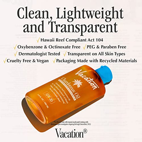 VACATION - Óleo Bronzeador Vegano Vacation Chardonnay SPF 30 + Odorizador de Ar, Proteção Solar de Amplo Espectro, Livre de Oxybenzone e Octinoxate, Tamanho de Viagem Aprovado pela TSA, 30ml