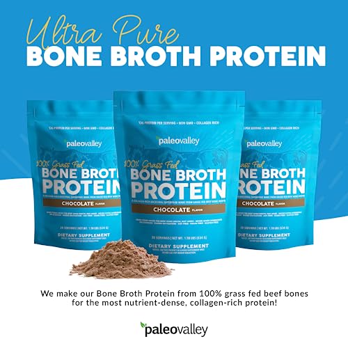 Proteína em Pó de Caldo de Osso 100%% Alimentado com Grama – Chocolate – Rico em Colágeno para Cabelo, Pele, Saúde Intestinal, Suporte Ósseo e Articular – 28 Porções - Paleovalley