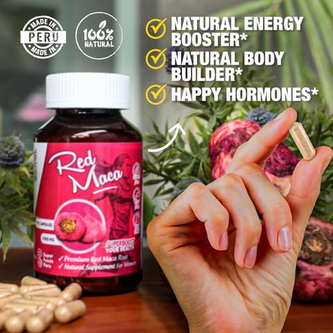 Red Maca Cápsulas para Mulheres l 3000mg por Dia Suplemento de Saúde Feminina l Estimulante de Energia e Regulador Hormonal l 100%% Orgânico e Natural de Raiz de Maca l (100 Unidades) - Sikyriah