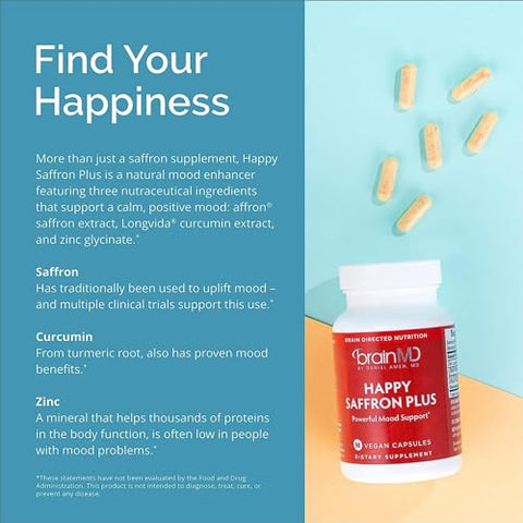 BRAINMD - Dr Amen BrainMD Happy Saffron Plus – 90 Cápsulas – Extrato de Flor de Açafrão, Curcumina | BrainMD Happy Saffron Plus – 90 Cápsulas – Extrato de Açafrão, Curcumina